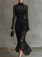 Elwira | Elegancka czarna sukienka maxi z koronką