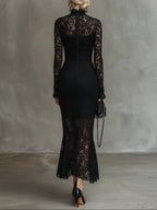 Elwira | Elegancka czarna sukienka maxi z koronką