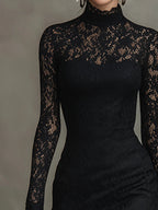 Elwira | Elegancka czarna sukienka maxi z koronką