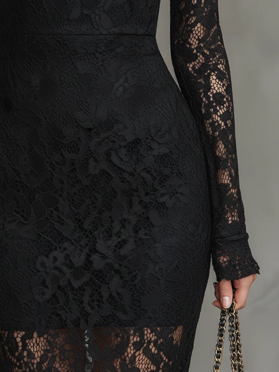 Elwira | Elegancka czarna sukienka maxi z koronką