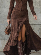 Kalina | Brązowa sukienka maxi w stylu retro