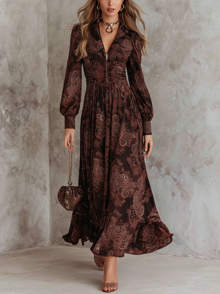 Izabela | Sukienka Maxi z Paisley i Zipperem